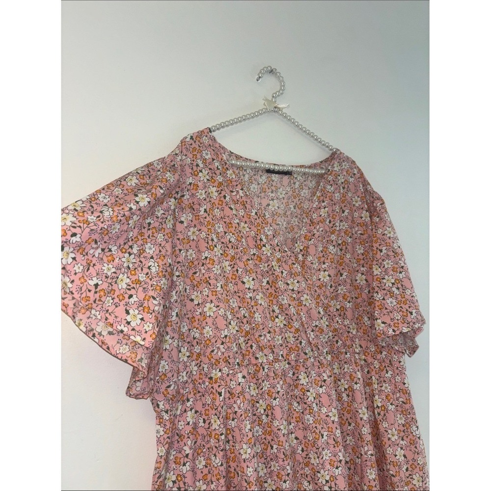 Kojooin Pink Floral Maxi Dress 4XL Plus Size Tiered Wrap V-Neck Flutter Sleeve - Picture 3 of 8
